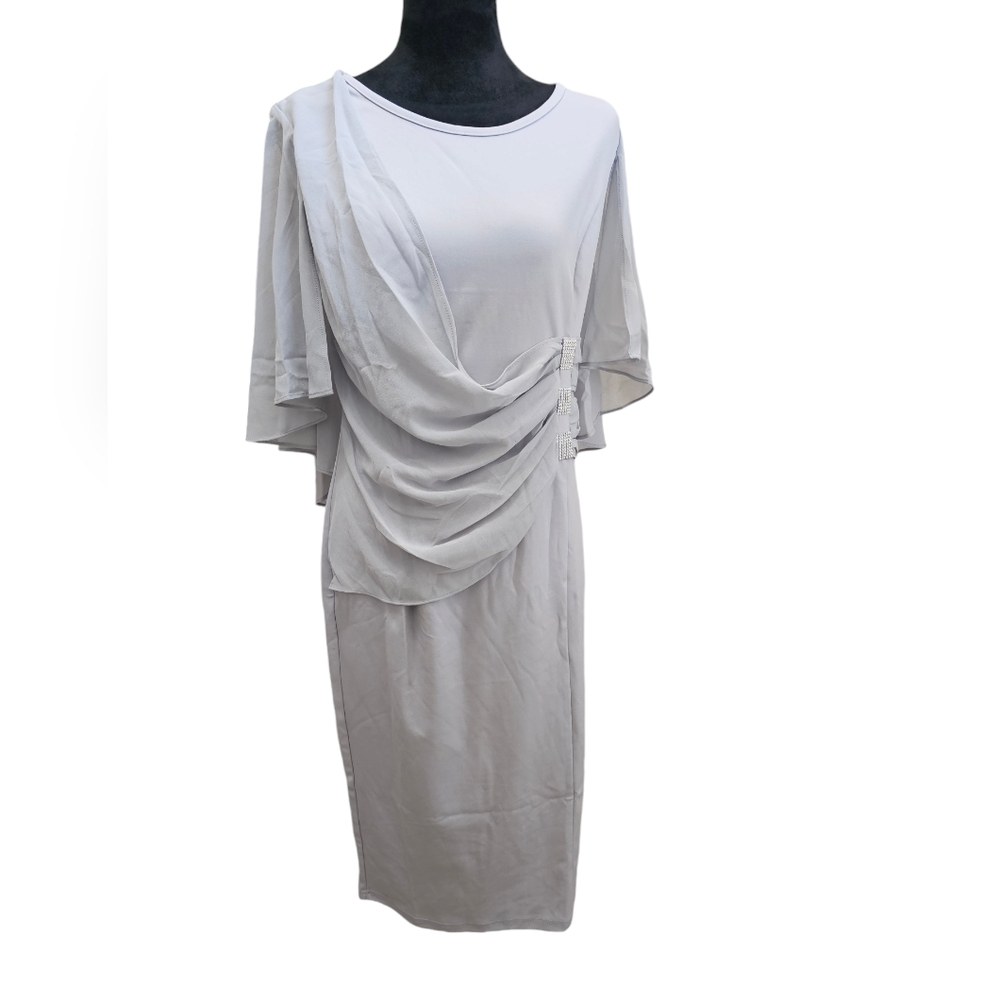 NWT Chiffon Cape Pencil Dress Grey with Rhinestone Detail Small